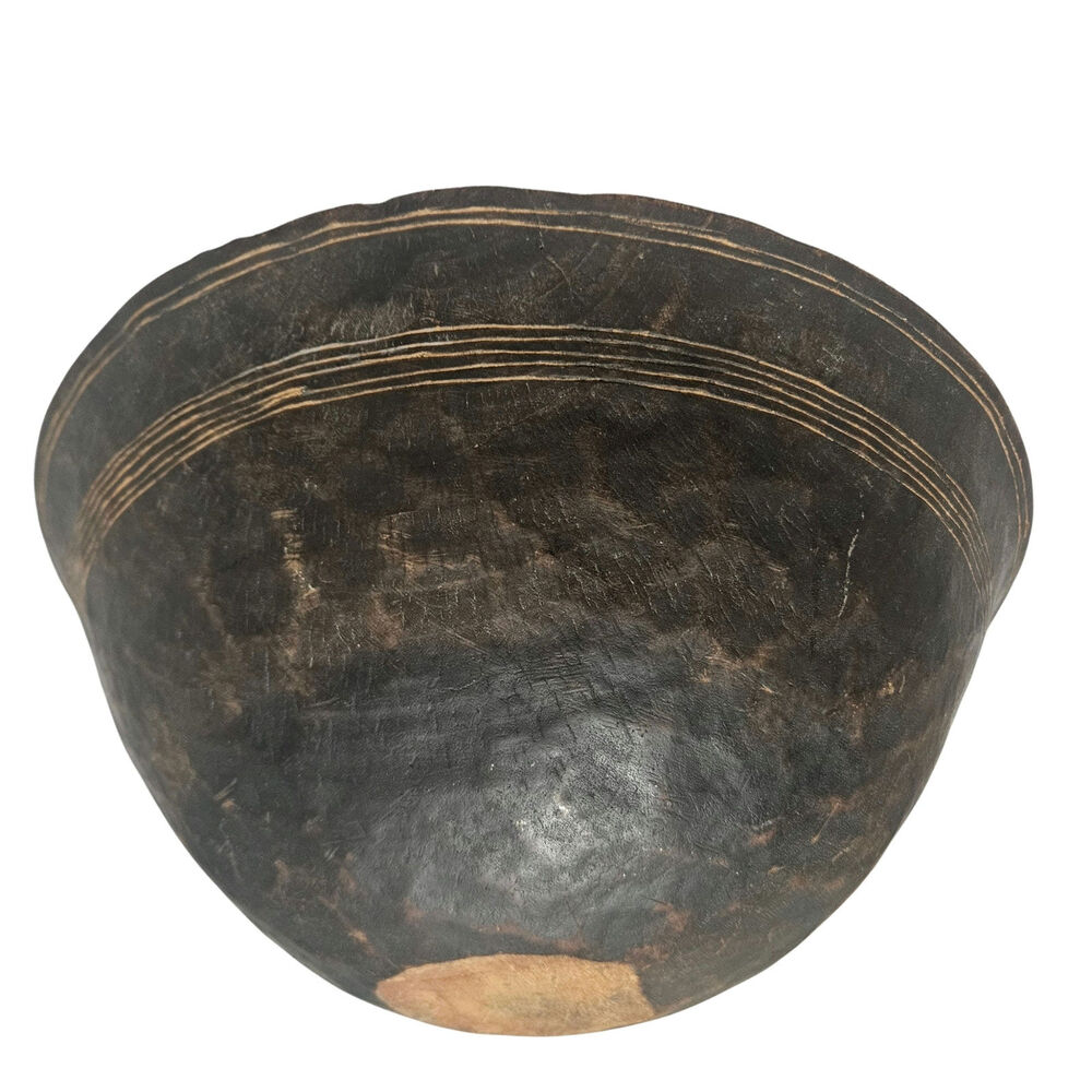Handcarved Tuareg Wood Bowl Incised Geometric Design Flat Edges Solid Piece